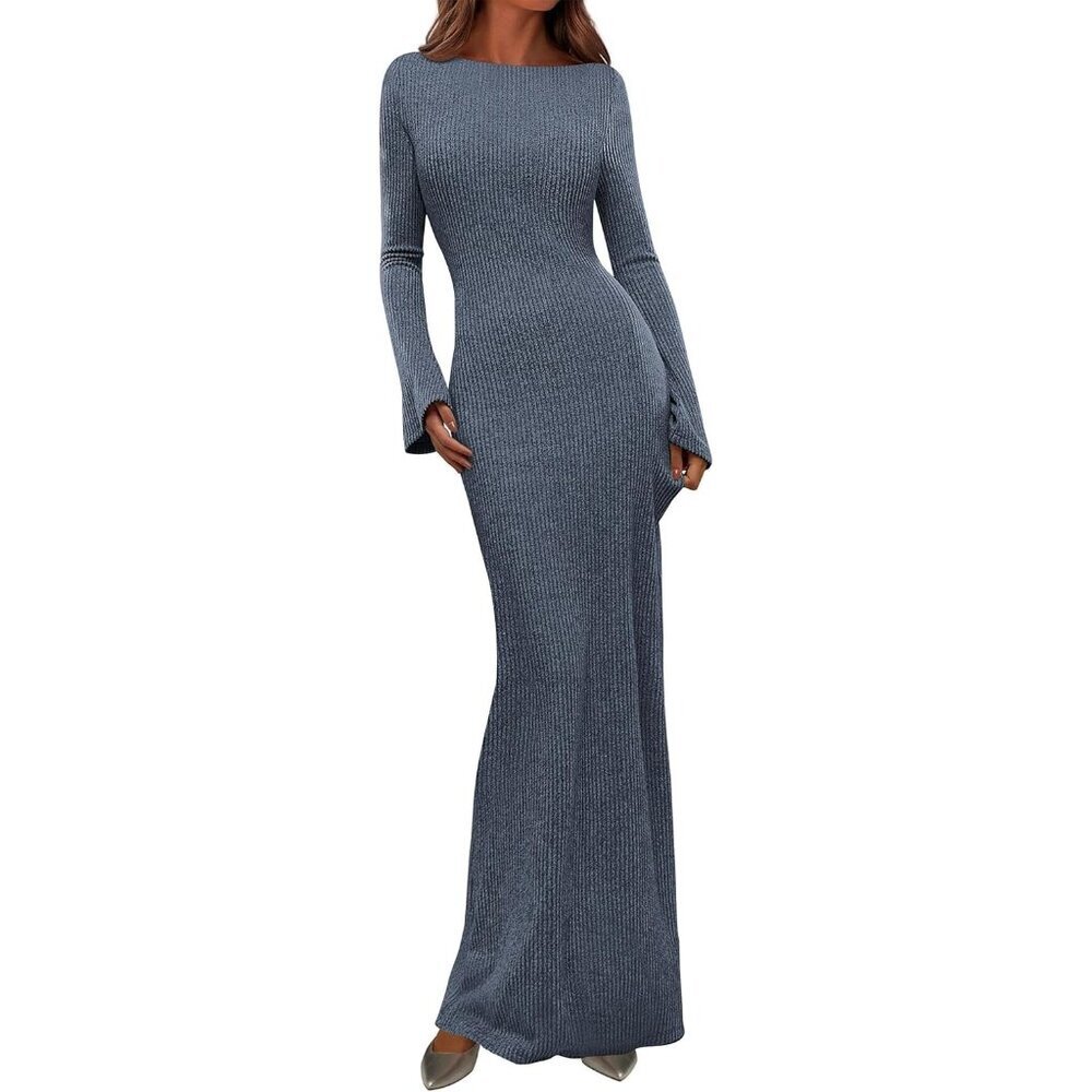 Women Dusty Blue Fall Fashion 2026 Long Sleeve Ribbed Bodycon Casual Maxi Dress